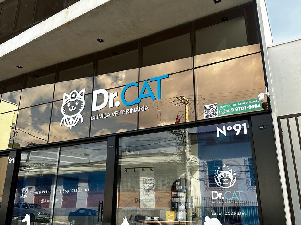 Fachada da Doctor Cat na Rua Silva Bittencourt, 91, no Centro de Varginha, com o letreiro Dr.CAT Clínica Veterinária